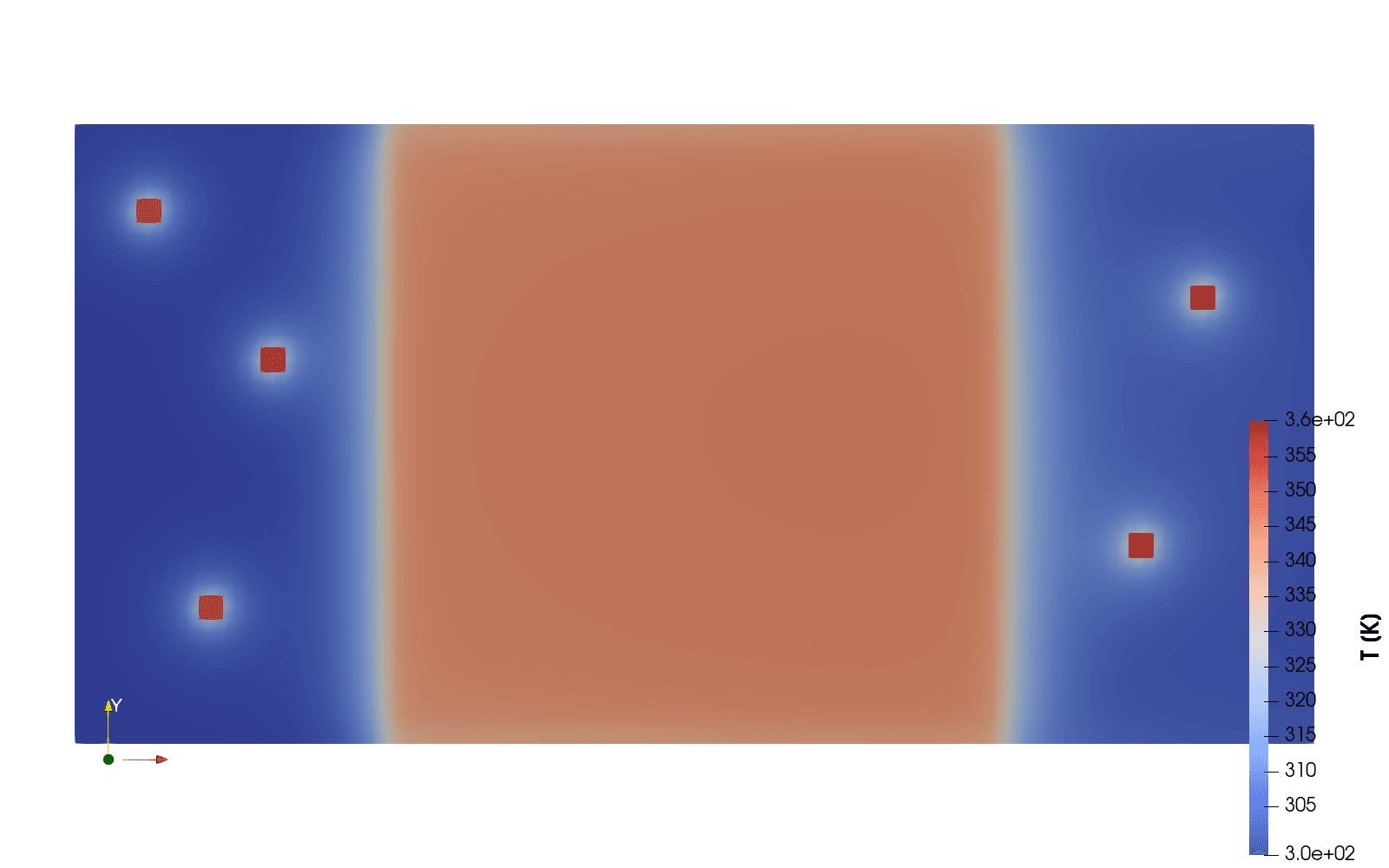 Board-level temperature field showing hot components on a circuit board, coloured by temperature in kelvin.